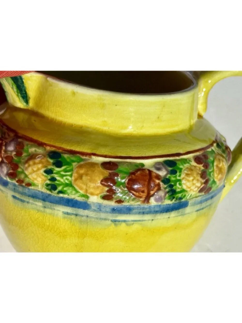 Vintage Hand Painted Yellow Ceramic Pitcher Fruit Pattern  Country Kitchen Japan